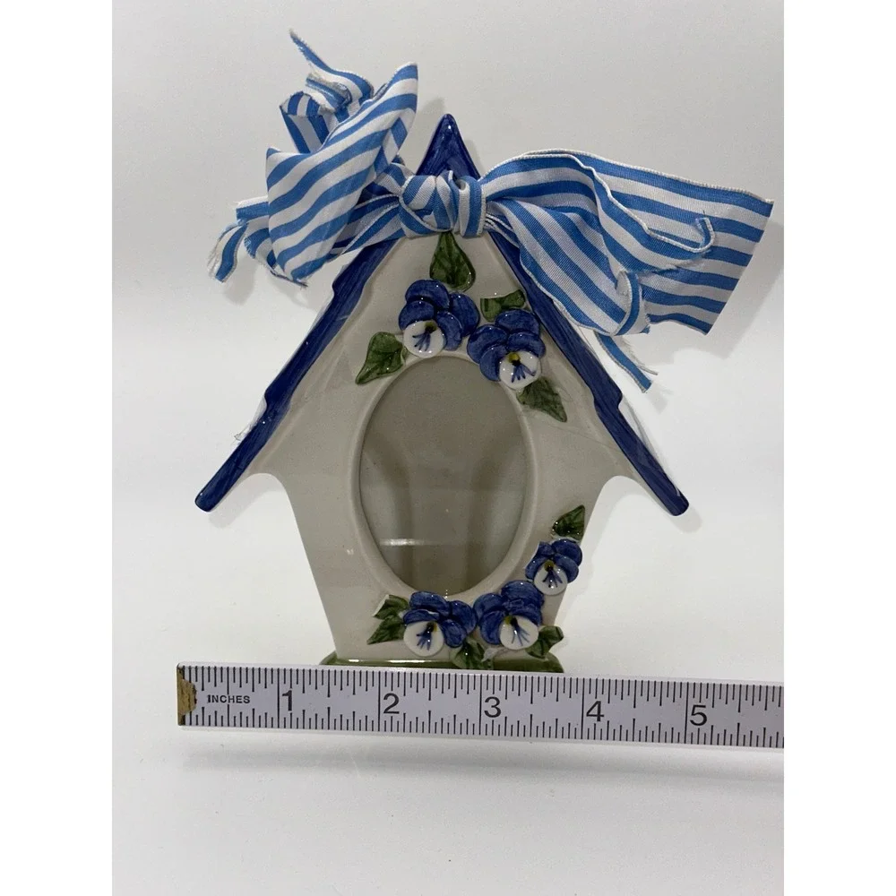 Mud Pie 1998 Ceramic Birdhouse Picture Frame Blue Pansy Floral Striped Bow 6.5